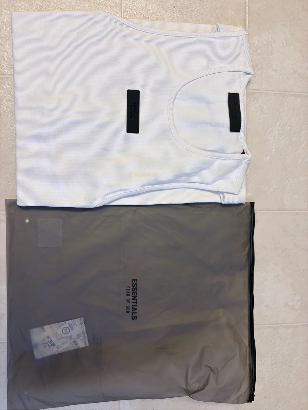 Essentials White Ribbed Tank with Black Logo Patch